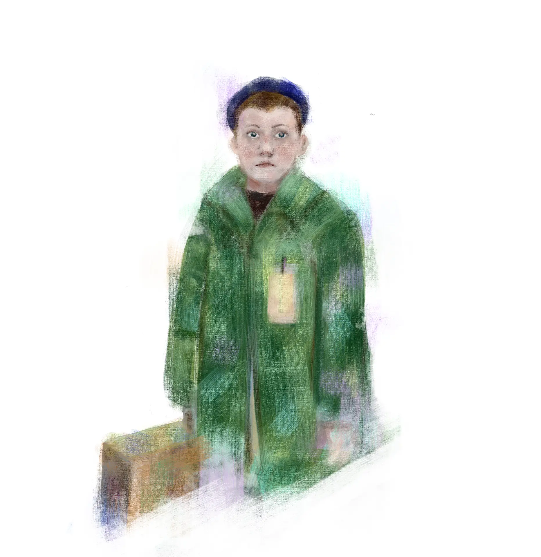 Style frame from Ortzimugan: Fermín in a green coat with his suitcase