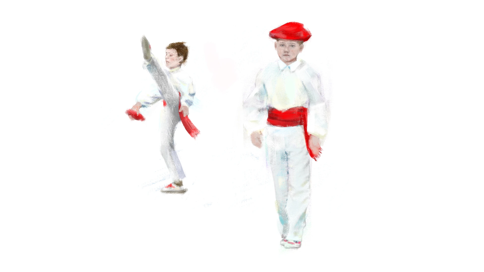 Style frame from Ortzimugan: young Basque dancers in white with red berets and sashes
